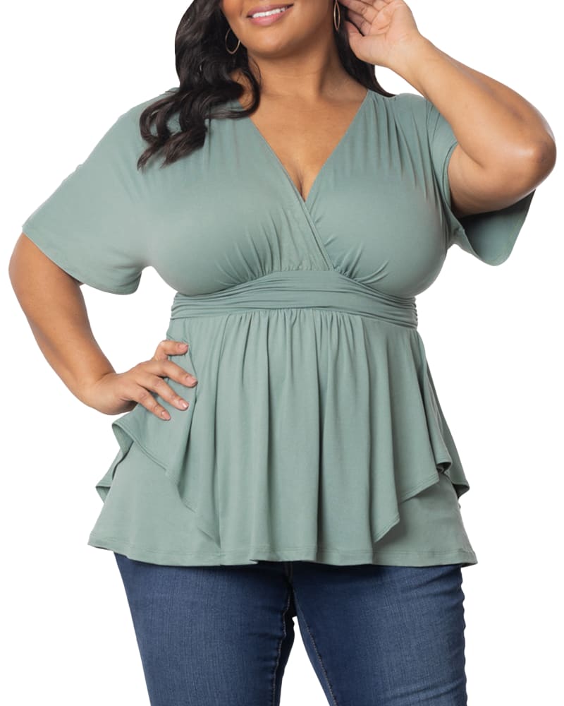 Front of a model wearing a size 2X Marcy Wrap Peplum Top in THYME by Kiyonna. | dia_product_style_image_id:352969